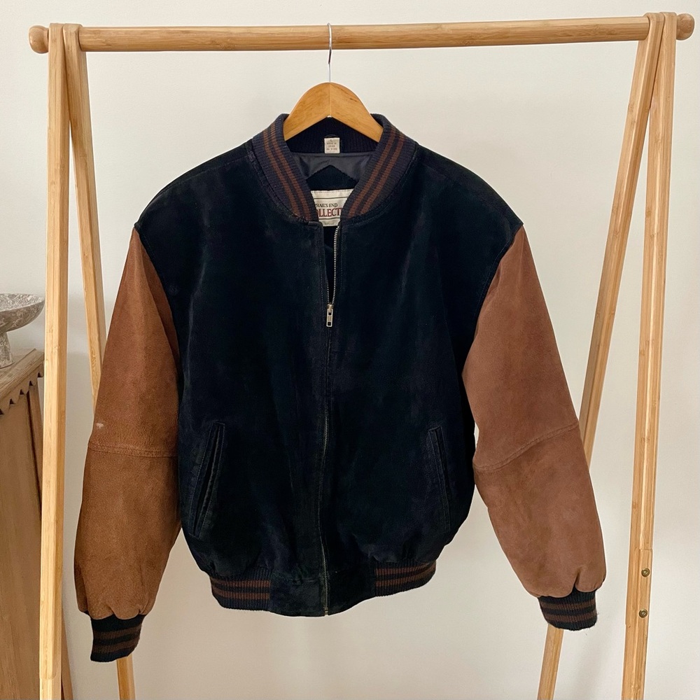 Vintage Suede Leather Varsity Bomber Jacket in Black/Brown